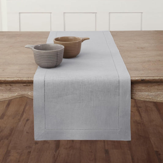 Solino Home Linen Soft Grey Table Runner 120 Inches Long - 100% Pure Linen Hemstitch 14 x 120 Inch Table Runner for Dining, Fall, Autumn, Thanksgiving, Christmas - Classic Hemstitch