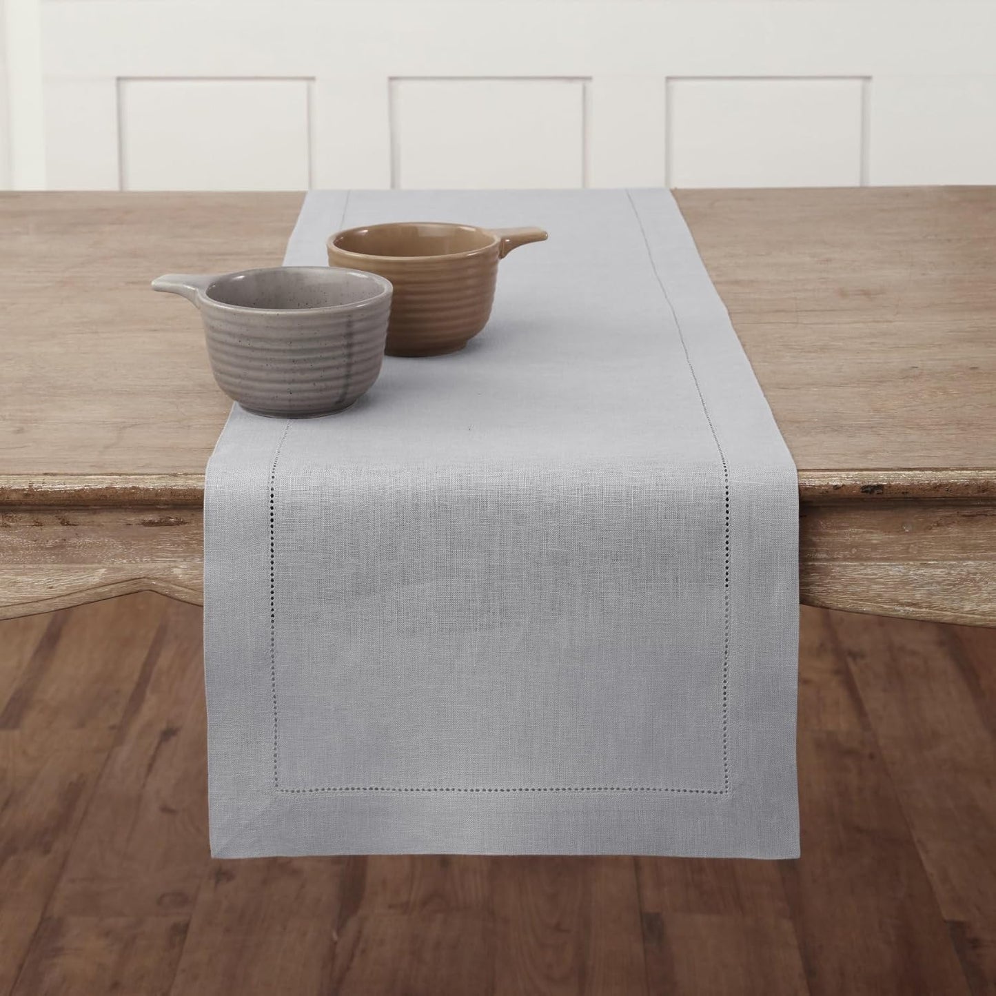 Solino Home Linen Soft Grey Table Runner 60 Inches - Classic Hemstitch, 100% Pure Linen Coffee Table Runner 14 x 60 Inch Ideal for Dresser Tables - Fall, Autumn, Halloween, Thanksgiving, Christmas