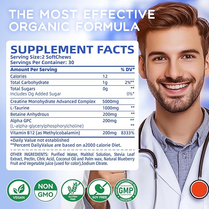 Creatine Monohydrate Chews Complex 6400mg for Men & Women -Advanced Formula W/L-Taurine + Vitamin B12, Sugar Free Chewable Supplement,60 Blueberry Softchews