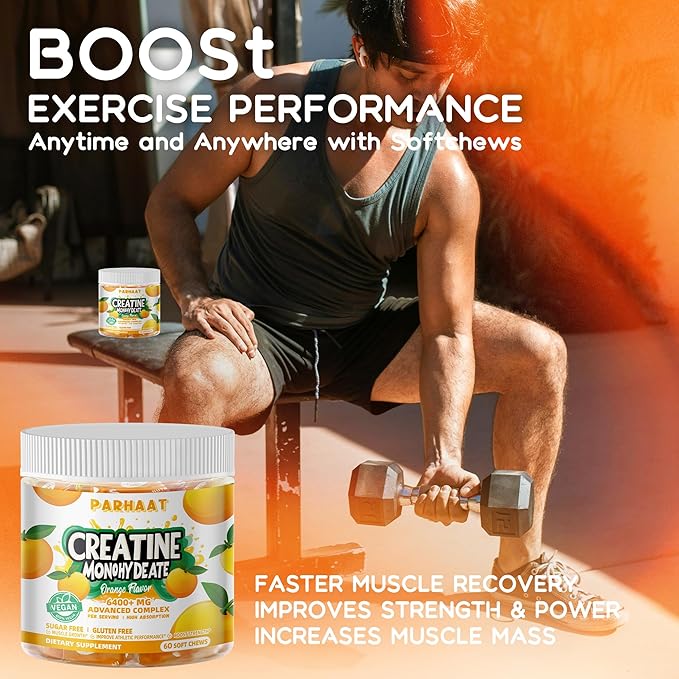 Creatine Monohydrate Chews Complex 6400mg for Men & Women -Advanced Formula W/L-Taurine + Vitamin B12, Sugar Free Chewable Supplement,60 Orange Softchews
