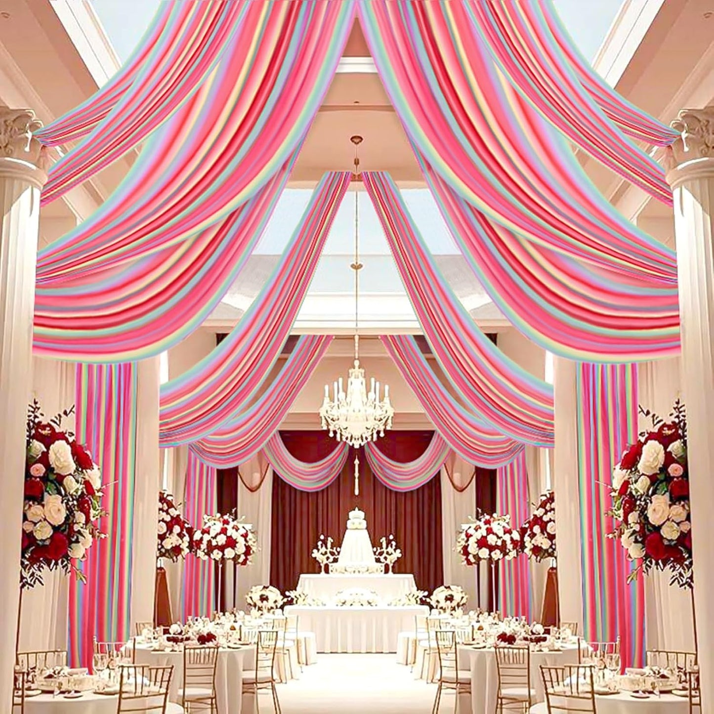 DUOBAO Rainbow Chiffon Wedding Ceiling 10FT Length Photo Background Curtain Decorations with Rod Pocket for Banquet Room Weddings Ceremony Graduation Prom, W 5' x L 10'-6 Panels Bright Rainbow