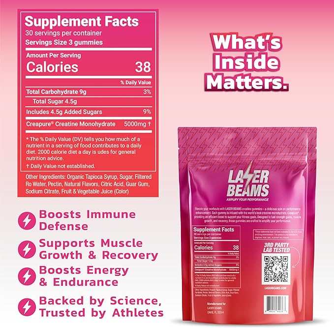 Creatine Monohydrate Gummies - 5g Creapure Creatine per Serving - Vegan - Boost Muscle Strength, Endurance, Recovery & Mental Focus - 90 Gummies, Gluten-Free (Strawberry)