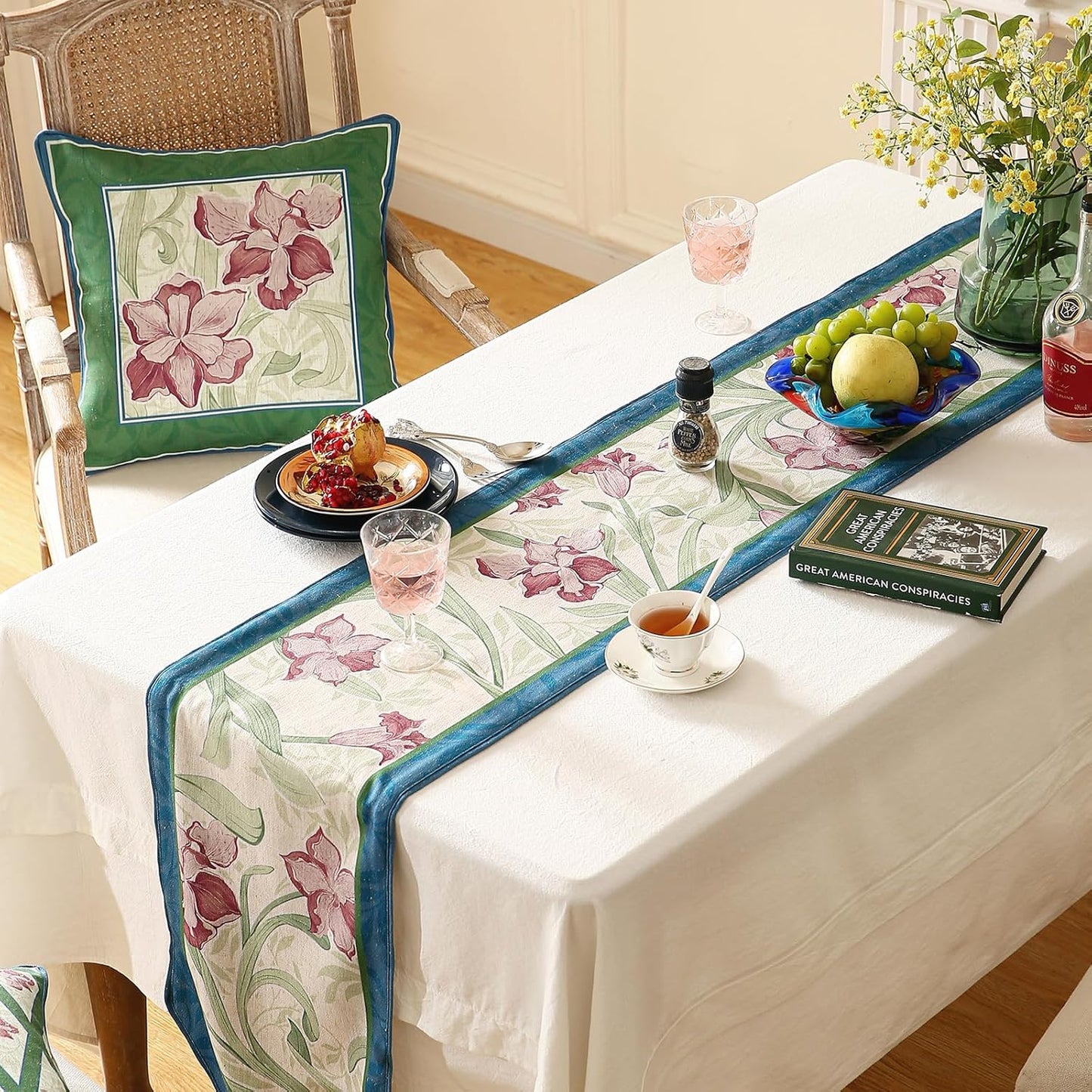 patdrea Designer Elegant Bright Linen Extra Long Table Runner 118 Inch Long, Mauve Iris Floral Pattern Table Mat, Decoration for Kitchen Dining Coffee Table Cabinet Banquet Christmas ,12"*118"