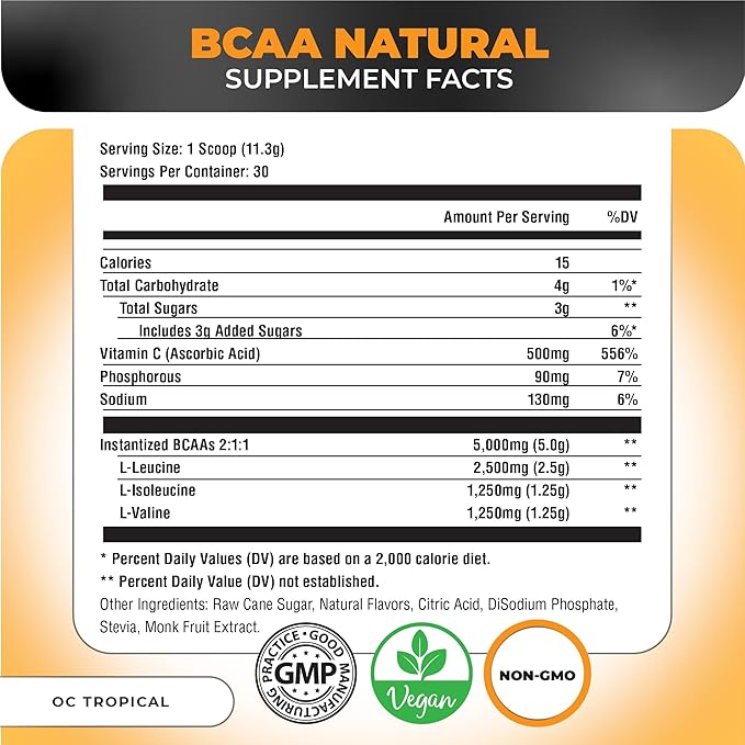 Nutrology BCAA Natural - Plant Based BCAA Powder, Orange Coconut Flavor, Optimized 2:1:1 Ratio Amino Acids Powder for Pre Workout & Post Workout Recovery, Vegan, Gluten-Free, Non-GMO, 30 Servings