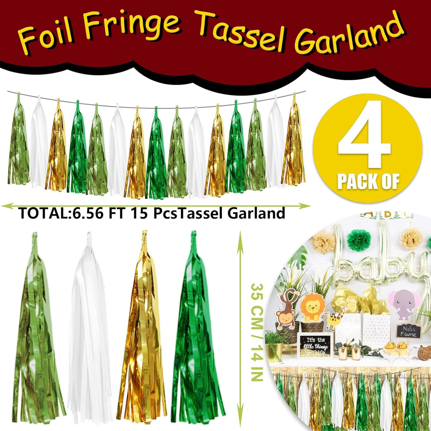 4P Sage-Green Gold Foil Fringe Tassel Banner Garland Metallic Tinsel Streamers Wall Hanging Curtain Backdrop Banners for Parade Floats, 2024 Graduation Decorations, Woodland Party Decoration