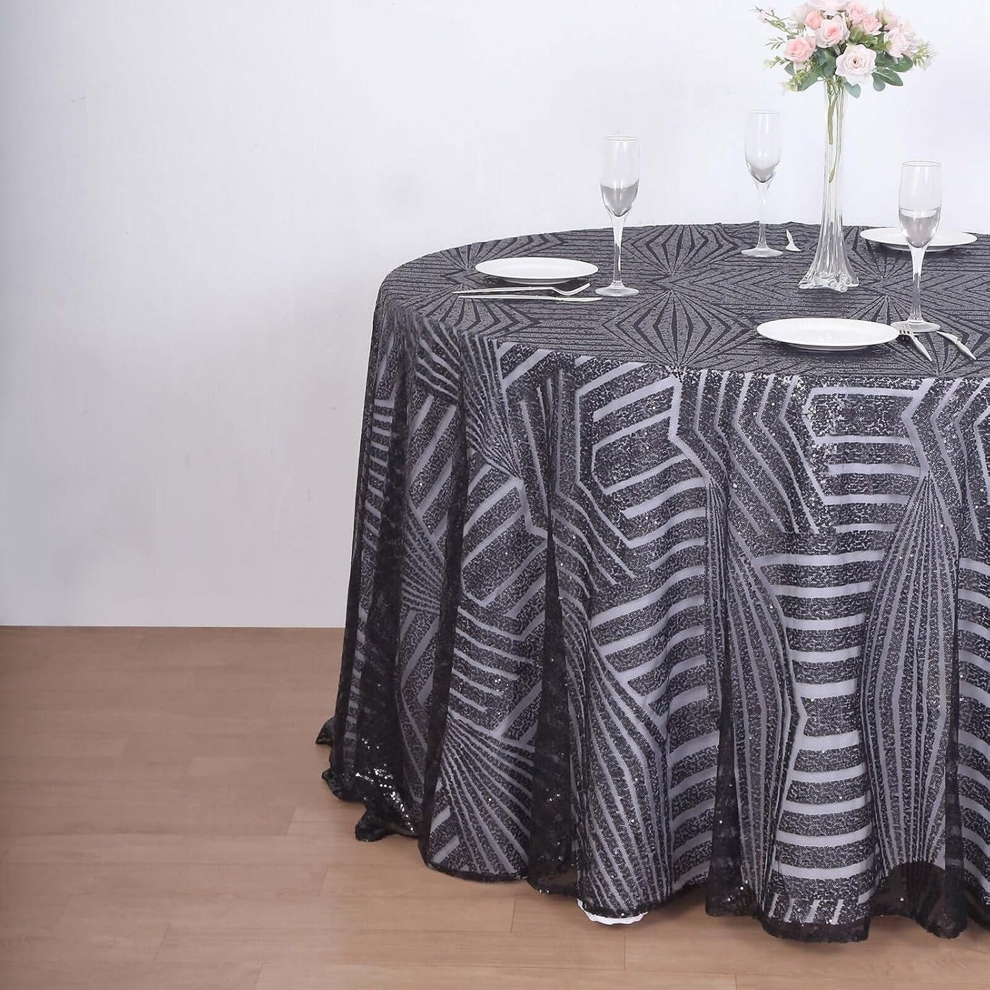 Efavormart 120" Black Sparkly Sequin Geometric Tulle Round Tablecloth