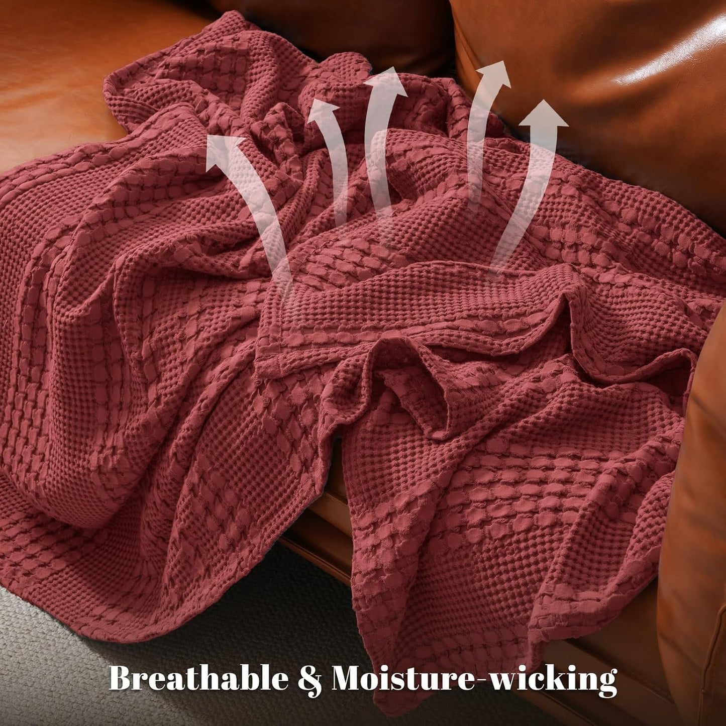 PHF 100% Cotton Waffle Weave Blanket Queen Size for Bed, Soft Lightweight & Breathable, All-Season Comfort, Luxury Aesthetic Woven Bedding for Home Decor, 90"x90", Wine Red