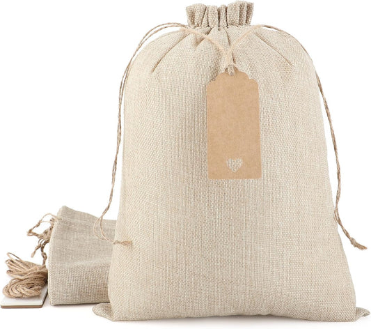 Tapleap Burlap Gift Bags with Drawstring - 10Pcs 10x14 Original Sacks with String and Tags for Wrapping Halloween Favors, Clothes, Toiletries, Breads, For Birthday, Wedding or Household Use
