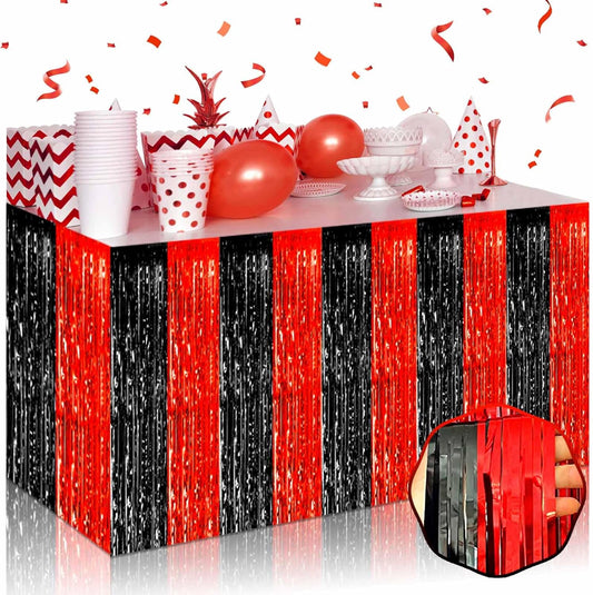 3 Pack 29 x108 Inch Black Red Foil Fringe Table Skirts Metallic Banner for Tinsel Streamer Garland Backdrop for Parade Floats Wedding Thanksgiving Birthday Christmas New Year Party Decoration