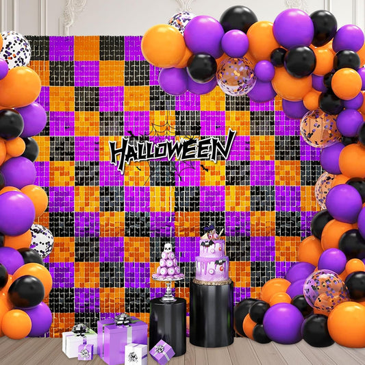 12PCS Black Orange Purple Shimmer Wall Backdrop, Laser Square Sequin Photo Backdrops Panel, Glitter Wall Background for Birthdays, Weddings, Halloween Party Decor (3FTx4FT)