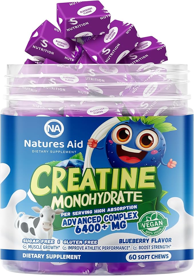 Creatine Monohydrate Chews Complex for Men & Women -Advanced Formula W/L-Taurine + Vitamin B12, Sugar Free Chewable Supplement,60 Blueberry Softchews