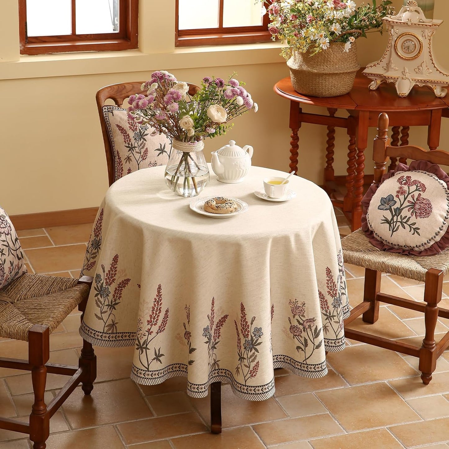 ISAENNE French Tablecloth for Round Tables,Linen Table Cloth with Colorful Flowers Pattern,Heavy Durable Table Cover for Dining Thanksgiving Kitchen Decor Party Christmas,Diameter 67"