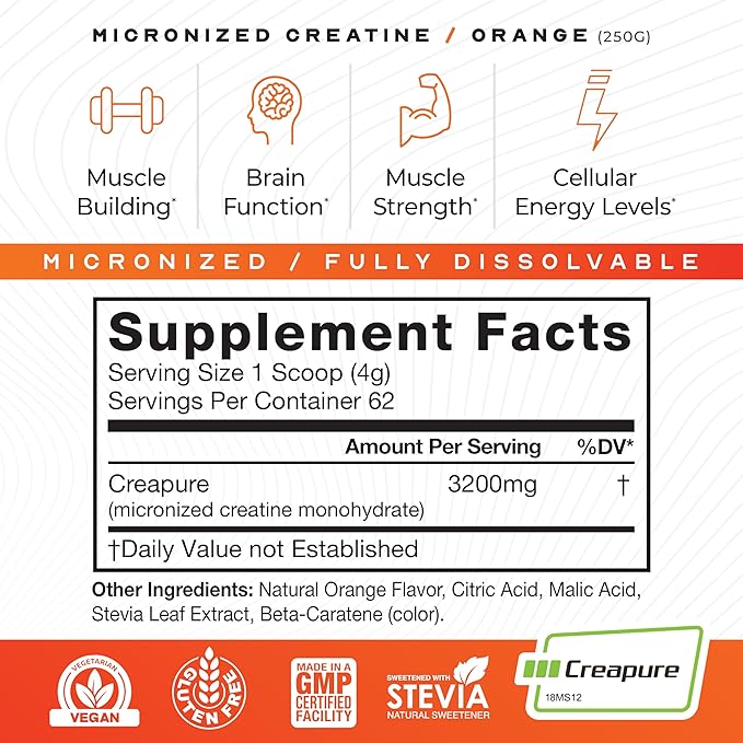 Muscle Feast Creapure - Micronized Creatine Monohydrate Powder | Premium Pre-Workout or Post-Workout | Flavored Creatine for Women & Men | Easy to Mix, Gluten-Free, Safe and Pure, (Orange, 250g)