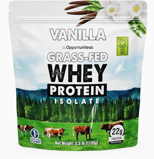 Opportuniteas Grass Fed Vanilla Whey Protein Isolate Powder - 22g Protein Powder Without Artificial Sweeteners, Hormone-Free Cows, Non GMO - 2.5lb