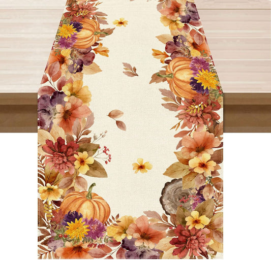 XCHI Fall Color Wild Flowers Watercolor Table Runner Table Decoration for Kitchen Dining Dinner Autumn Home Decor 13x120 Inch