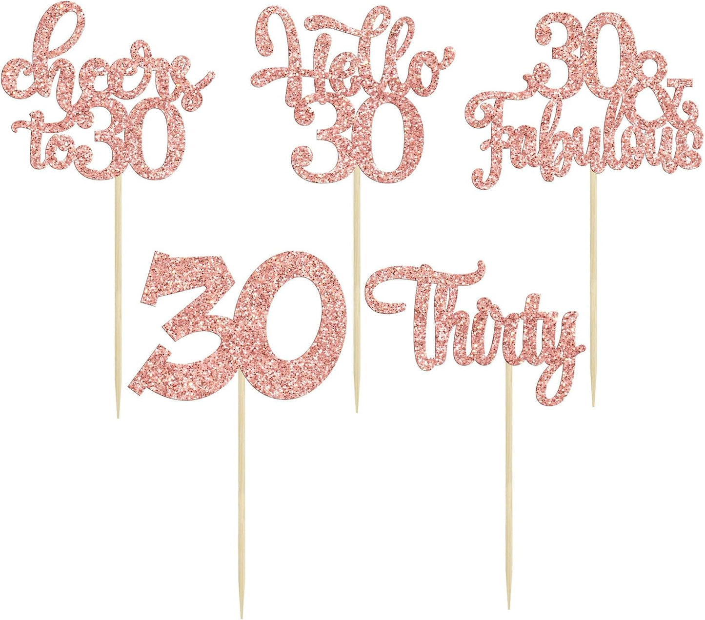 30Pcs Happy 30th Birthday Cupcake Toppers Rose Gold Glitter Thirty Cheers to 30 Birthday Cupcake Picks for Happy 30th Birthday Anniversary Party Cake Decorations Supplies