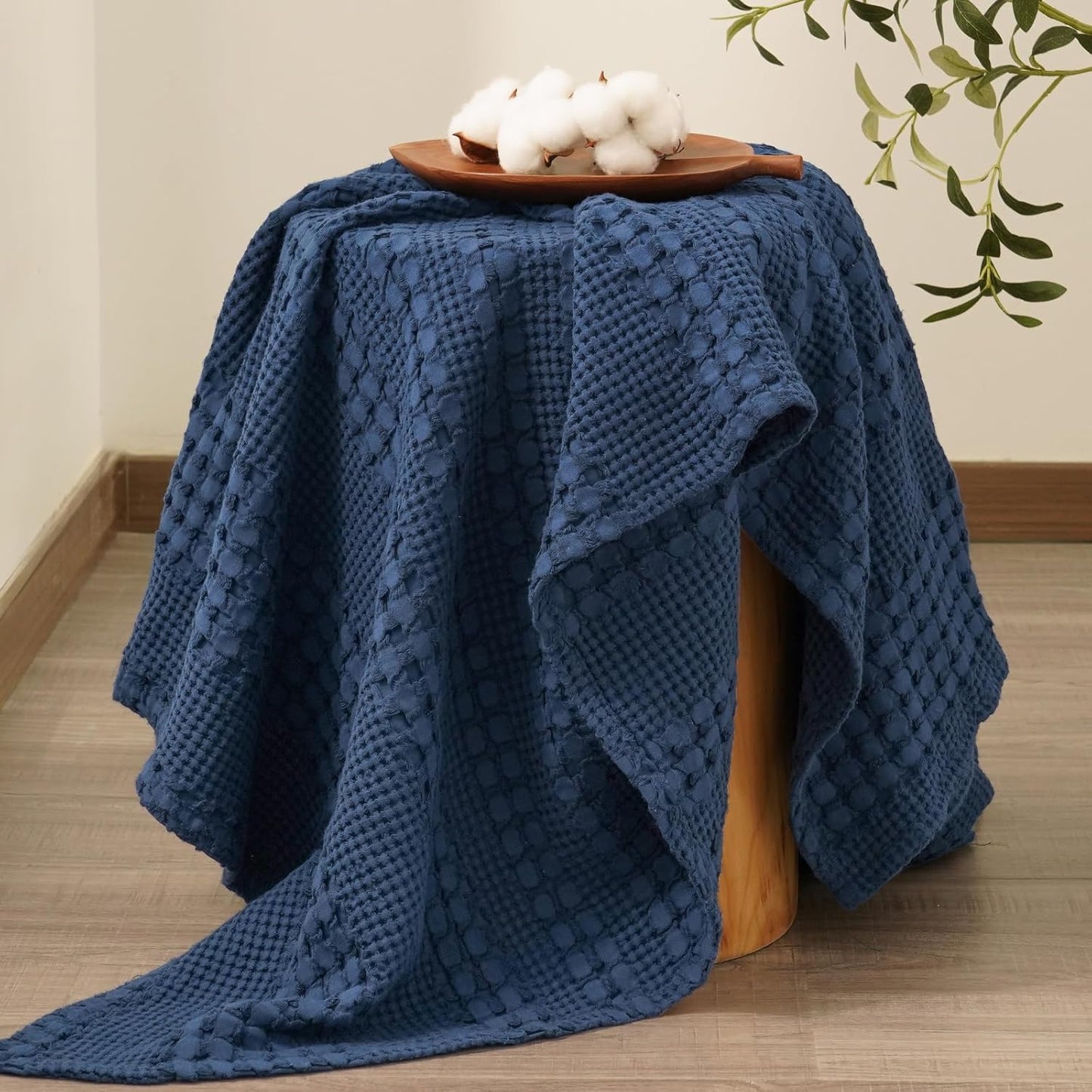PHF 100% Cotton Waffle Weave Throw Blanket, Soft Lightweight Breathable Cozy Throws for Couch Bed Sofa, Luxury Aesthetic Woven Blanket for Home Decor & Office, 50"x60", Bright Navy