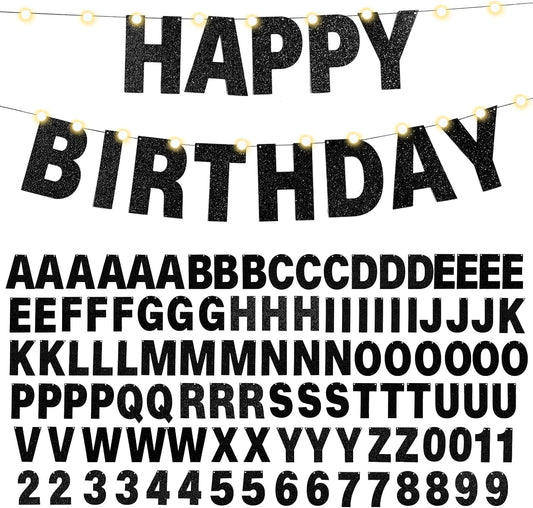 TaoBary 112 Pcs DIY Letter Custom Banner Glitter Customizable Banner Kit Including 107 Letters and Numbers 3 Rope for Valentine Birthday Party(Black)