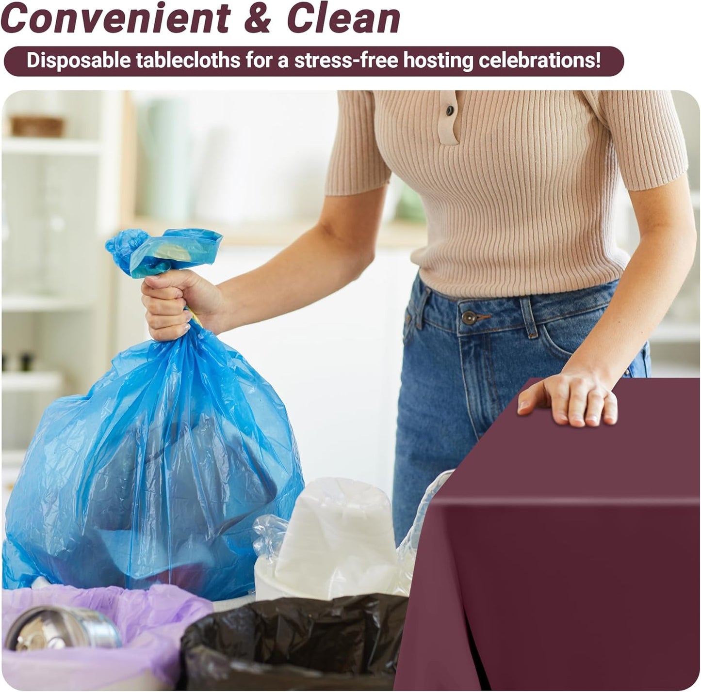 4 PCS Wine Table Cloth Rectangle Table, 54 x 108 Inches Waterproof Plastic Table Cloth Disposable, Picnic Table Cover for Baptism, Picnic, Restaurant, Wedding decor, Fits Rectangle and Round Tables