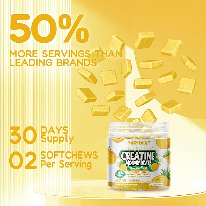 Creatine Monohydrate Chews Complex 6400mg for Men & Women -Advanced Formula W/L-Taurine + Vitamin B12, Sugar Free Chewable Supplement,60 Pineapple Softchews