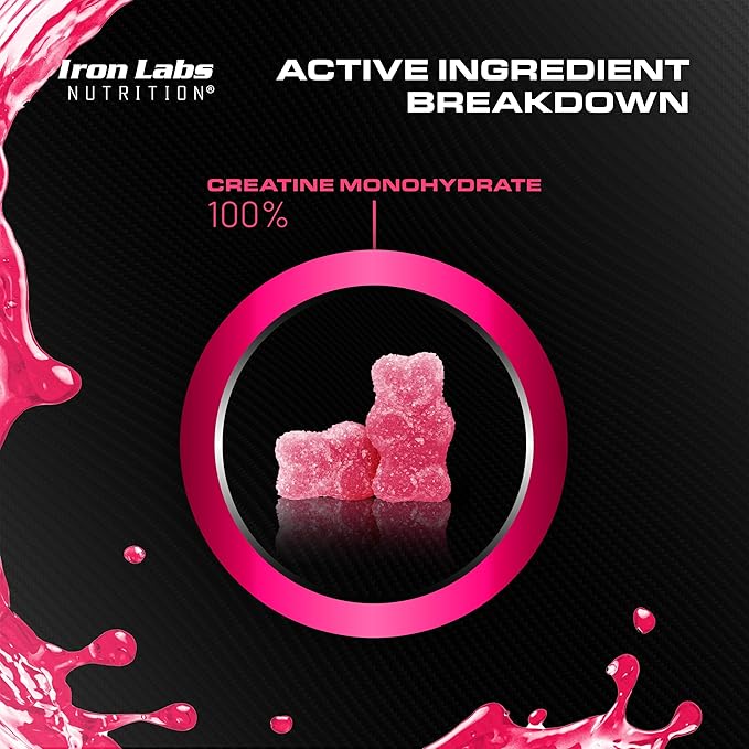 Iron Labs Nutrition Creatine Monohydrate (90 Gummy Bears) - 3600mg Per Serving - Strawberry Flavor - High Strength Creatine for Men & Women (90 Vegan Gummies)