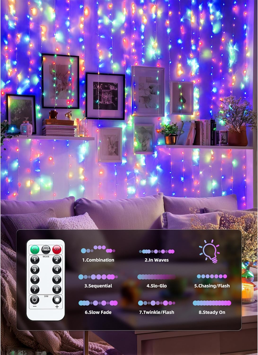 Brightown 300 LED Fairy Curtain Lights, 9.8ft x 9.8ft Multicolor Curtain String Lights, USB Plug in 8 Lighting Modes Christmas String Hanging Lights with Remote for Bedroom Indoor Outdoor Party Xmas