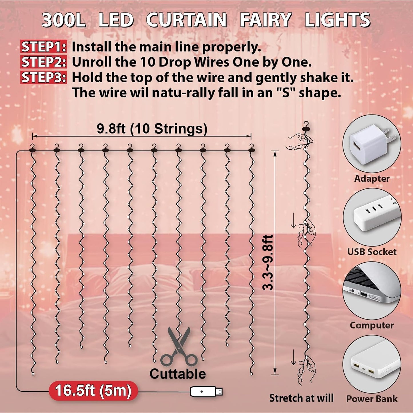 HXWEIYE 300LED Fairy Curtain Lights, 9.8x9.8Ft USB Plug-in 8 Modes Christmas String Hanging Lights with Remote for Bedroom Backdrop Wedding Party Indoor Wall Decor, Red