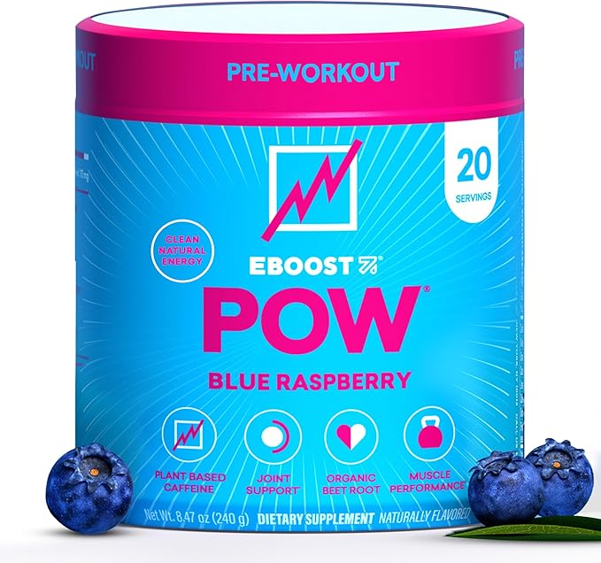 EBOOST POW Natural Pre Workout Powder – 20 Servings - Blue Raspberry - A PreWorkout Supplement for Performance, Joint Mobility Support, Energy - Men and Women - Non-GMO, Gluten-Free, No Creatine