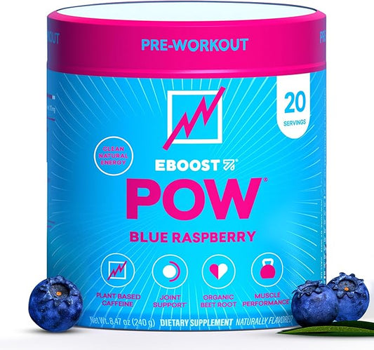 EBOOST POW Natural Pre Workout Powder – 20 Servings - Blue Raspberry - A PreWorkout Supplement for Performance, Joint Mobility Support, Energy - Men and Women - Non-GMO, Gluten-Free, No Creatine