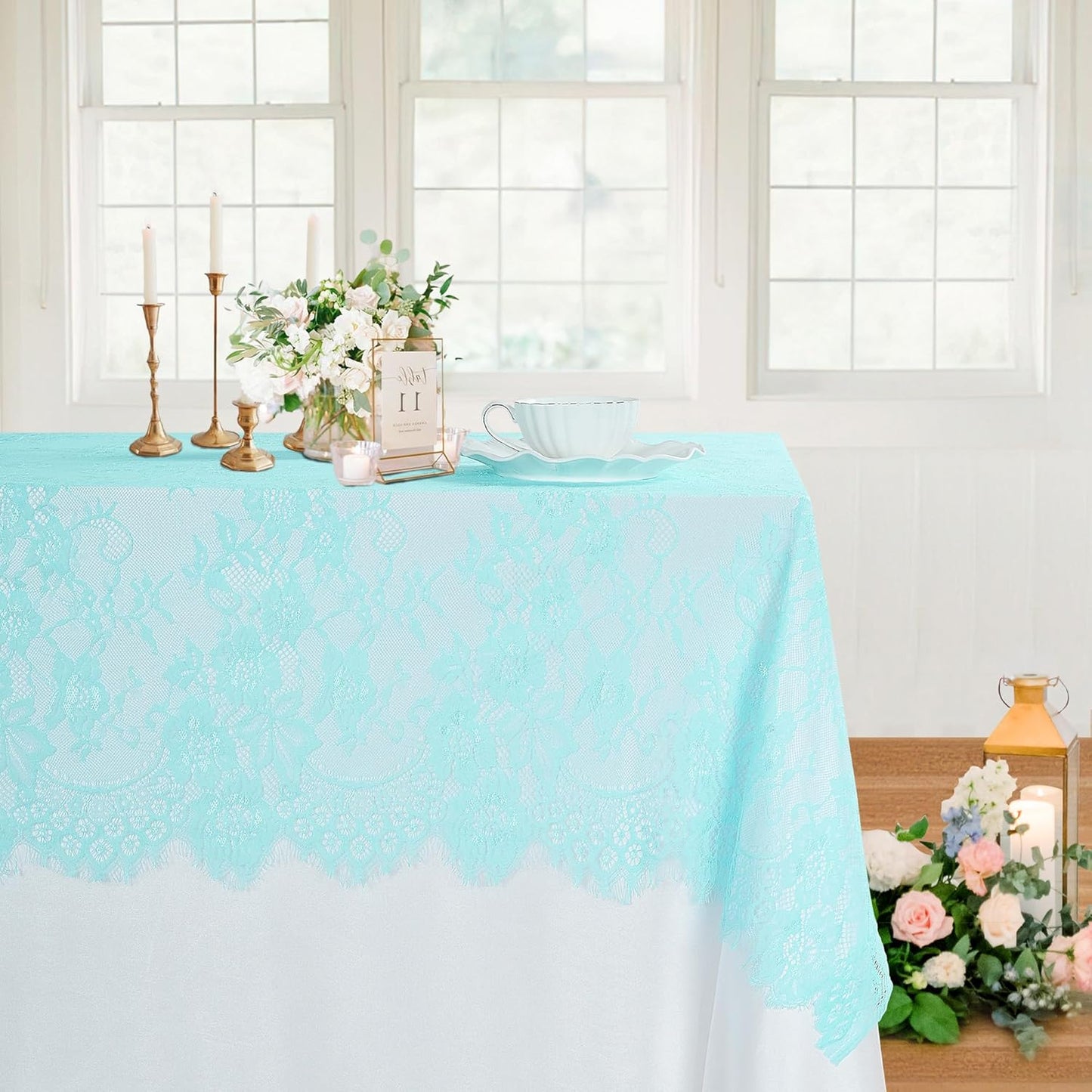 LuoluoHouse Blue Lace Tablecloth 6pcs Table Fabric 60x120 Inch for Rustic Boho Wedding Bridal Shower Party Decoration Rectangle Overlay Long Vintage Embroidered Reception Table Cloth Decor