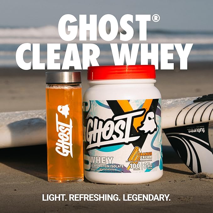 GHOST Clear Whey Isolate Protein Powder, Orange Cream - 1.4 LB Tub, 25G of Whey Protein - Post Workout Drink for Muscle Gain & Recovery – Sugar Free, Soy Free & Zero Fat, 20 Servings