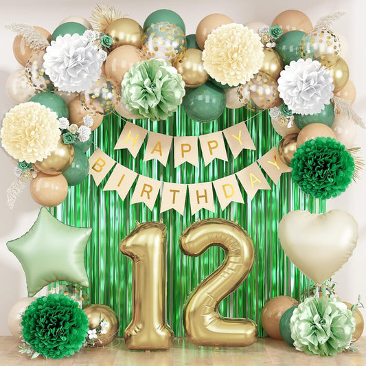 Sage Green 12th Birthday Decorations for Boys Girls Gold Number 12 Balloon Nude Gold Happy Birthday Banner Fringe Curtain Paper Pom Poms Olive Green Cream White Sand Star Foil Balloons Party Decor