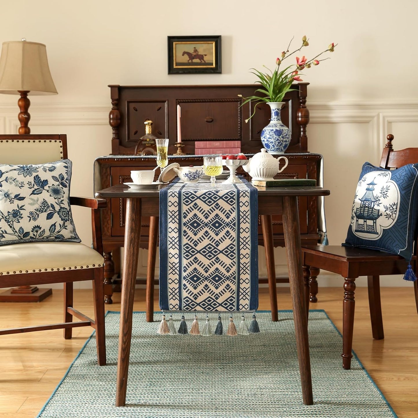 Chinoiserie Blue Stripe Table Runner for Table,Decorative Print Linen 71 Inches Long Table Runners,Decor Tabletop for Kitchen,Dining,Tea Party,Home,Christmas,12"*71"