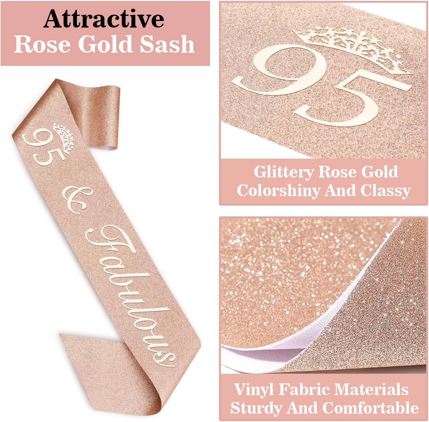 95th Birthday Decorations for Women Including Birthday Sash, Crown, Numeral Candles and Cake Topper, Rose Gold Party Decor Supplies
