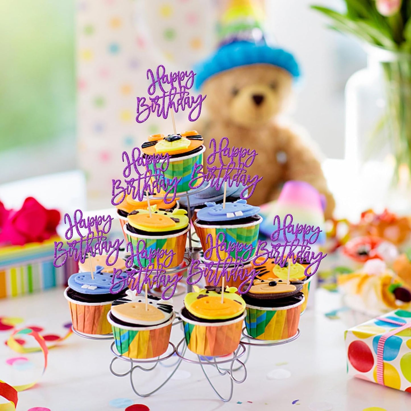 24 PCS Glitter Happy Birthday Cupcake Toppers - Purple Cupcake Picks for Celebrating Anniversary Theme Party Cake Decorations