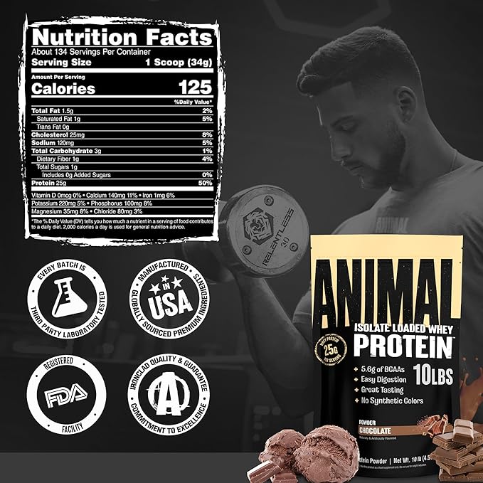 Animal Whey Isolate Protein Powder - Loaded for Pre & Post Workout Muscle Builder and Recovery with Digestive Enzymes for Men & Women - 25g Protein, Great Taste, Low Sugar - Chocolate 10 lbs