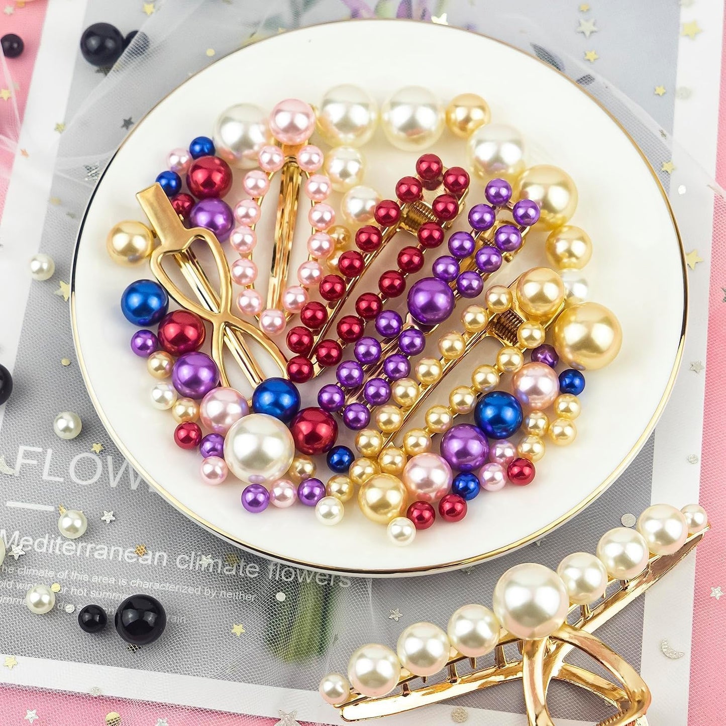 300Pcs Cream&Pink Polished No Hole Faux Pearl Beads for Vase Filling Decorations, Plastic Pearls Vase Fillers, Table Scatters, Wedding Centerpiece, Home Decor, 8/14/20 mm