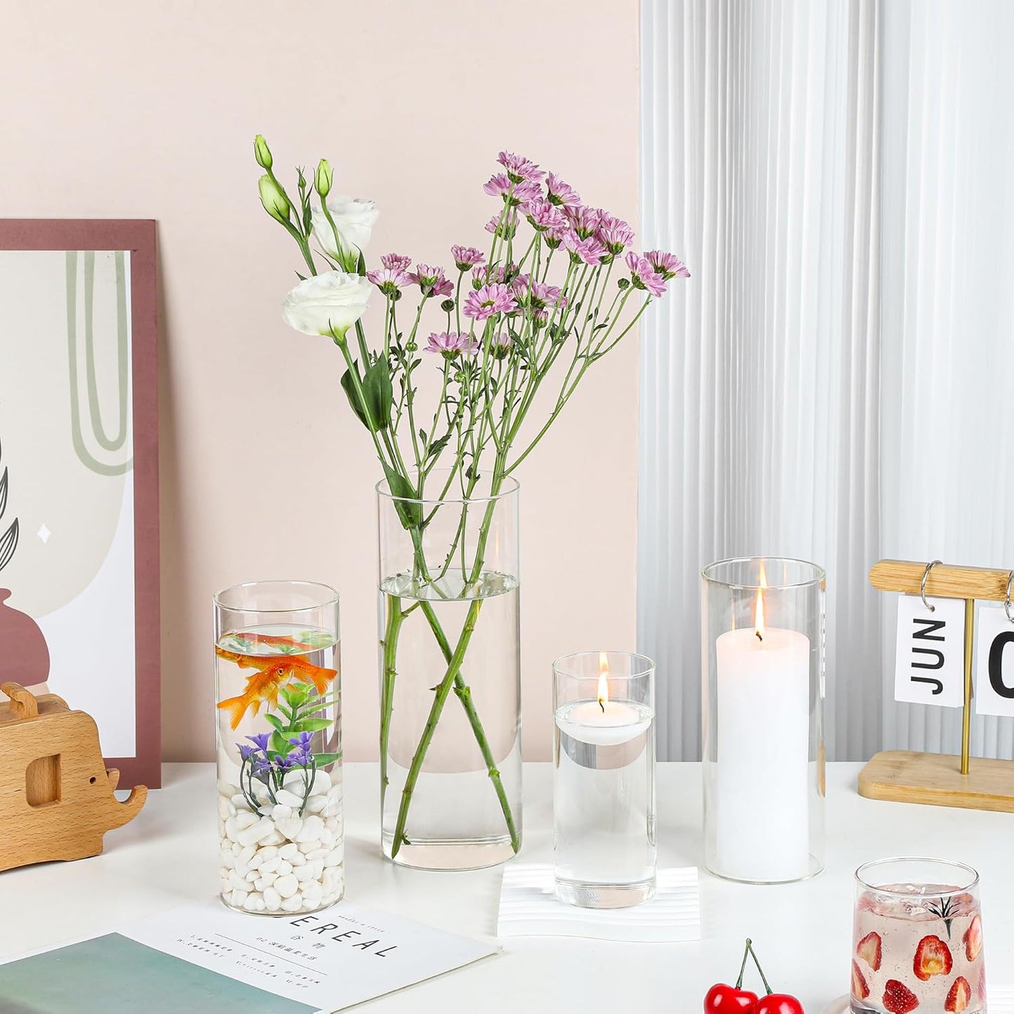 UDU 24 Pcs White Pillar Candles and Glass Cylinder Vases, Hurricane Pillar Candle Holder Vases for Wedding Centerpieces Table Party Home Decor(3.2" X 4.7", 6", 8")