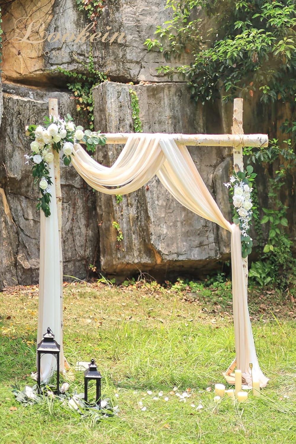 Lookein Chiffon Arch Fabric Drapes for Wedding Arbor Ceremoney Backdrop Decoration Stair Swag, 3 Panels 30" Wide 6 Yards, Cream & Nude