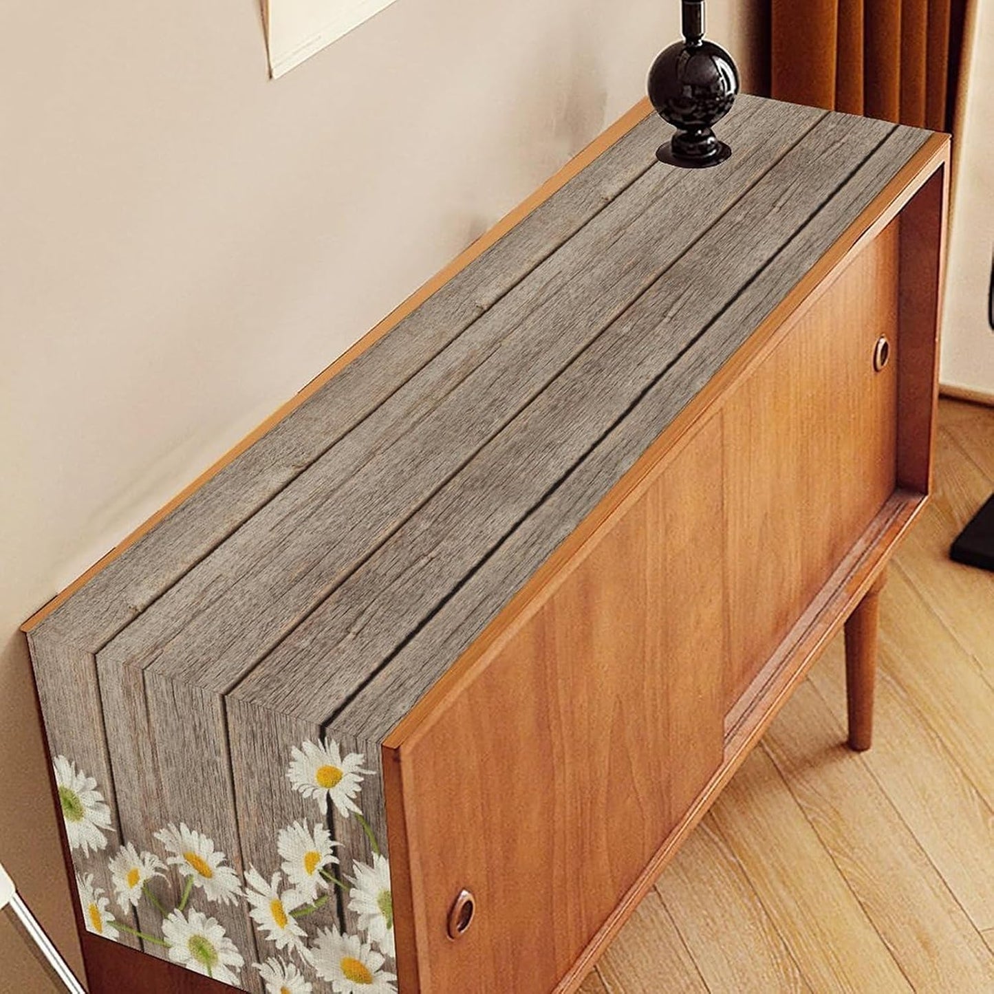 Daisy Floral Table Runner, Farmhouse Spring Seasonal Summer Teal Green White Flower Rustic Abstract Table Center Decor for Home Kitchen Dining Holiday Party Indoor Table Decorations, 13"x90" Inch