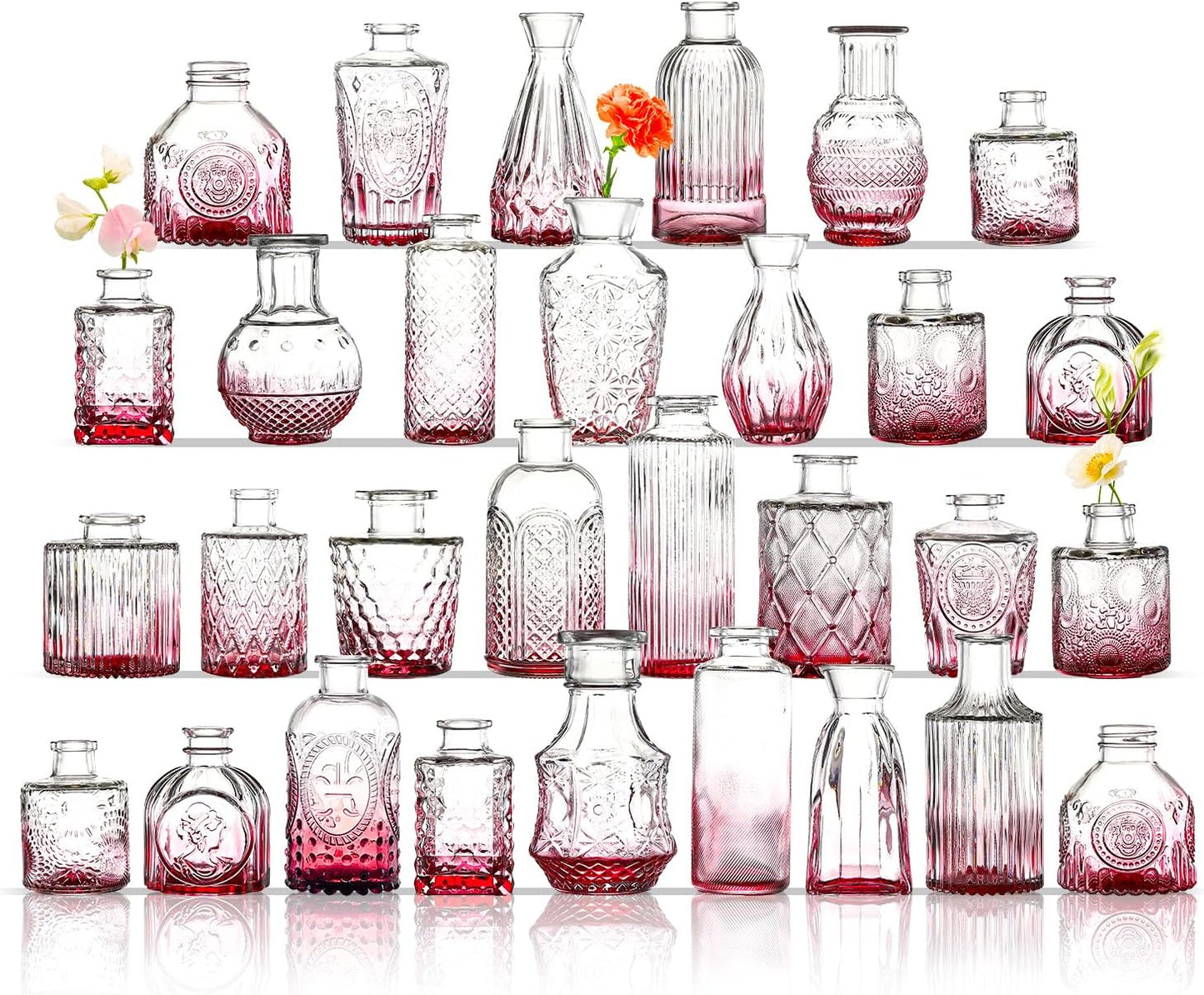 Bud Vases in Bulk 30, Pink Glass Vases for Centerpieces, Small Vase for Flowers, Small Flower Vase for Centerpieces, Mini Vintage Vases for Wedding Table Decor