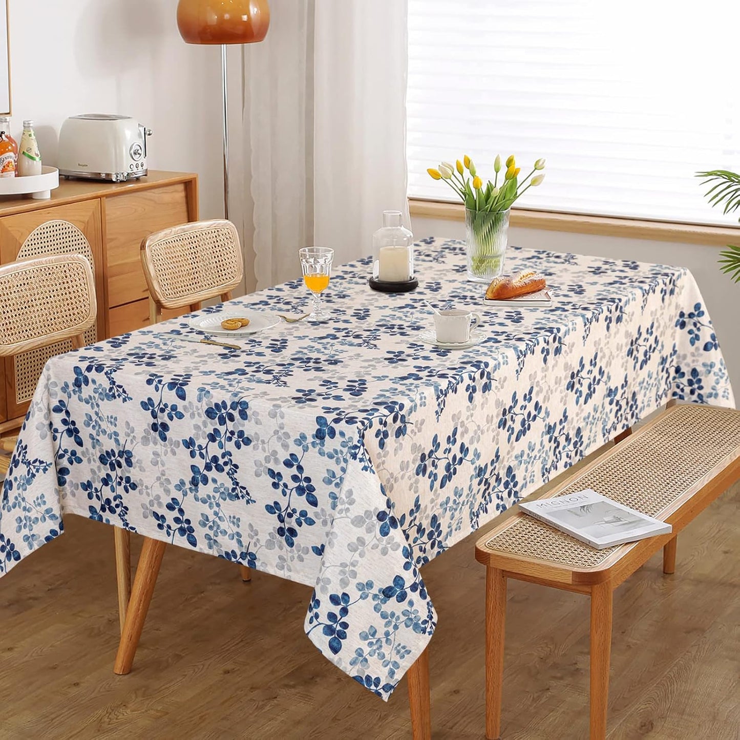 MYSKY HOME Floral Print Rectangle Tablecloth Waterproof Rectangular Table Cloth Linen Farmhouse Tablecloth for Kitchen Dining Spring Leaves Tablecloth for 8 Feet Table，60 x 120 Inches, Blue