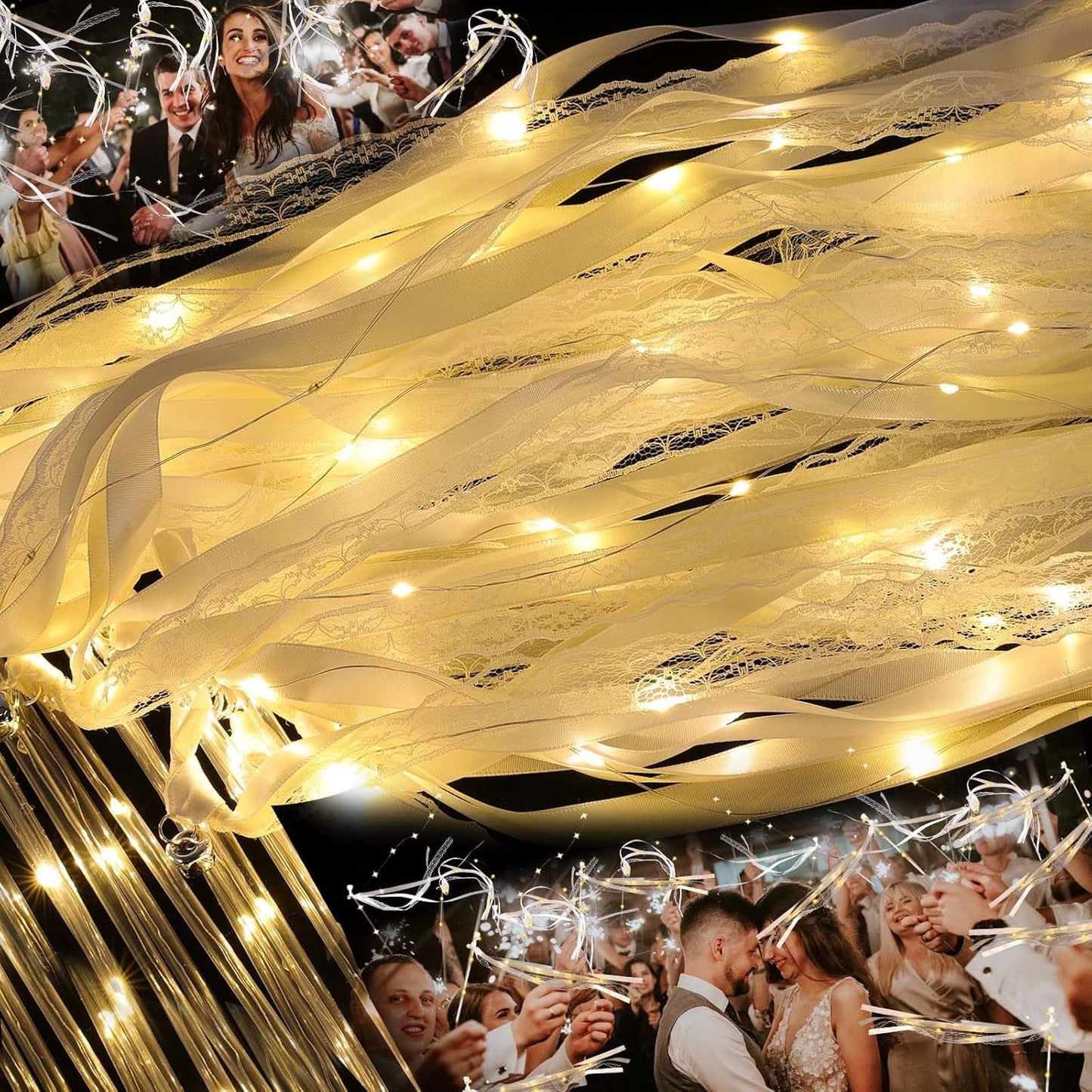 100 Pcs Wedding Wands Ribbon with 3 Colorful Flashing Modes, Light up LED Silk Fairy Wands, Glow Lace Stick with Bells for Wedding Reception, Graduation, New Year, Birthday Party (Warm White)