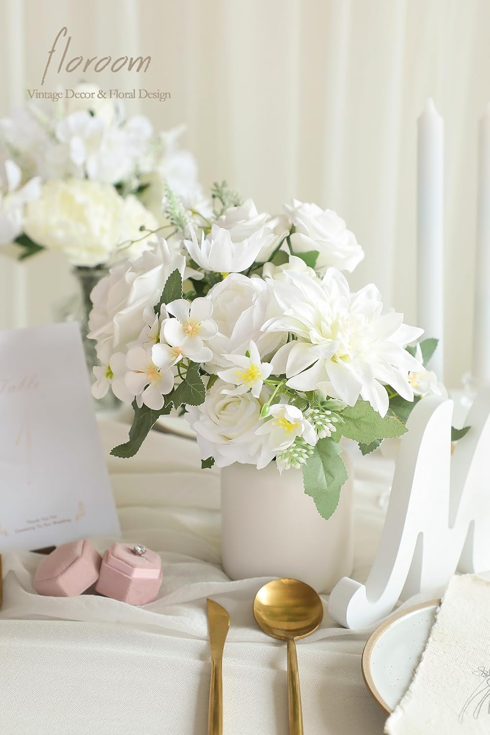 Floroom Ivory White Artificial Flowers Fake Roses Peonies Dahlia and Greenery Combo Box Set for DIY Wedding Bouquets Bridal Shower Centerpieces Floral Arrangements Party Tables Home Decorations