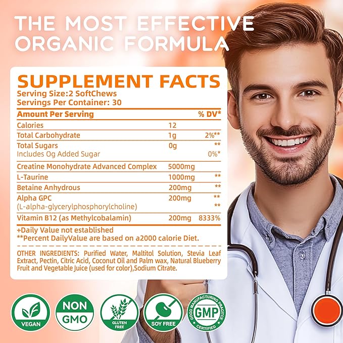 Creatine Monohydrate Chews Complex 6400mg for Men & Women -Advanced Formula W/L-Taurine + Vitamin B12, Sugar Free Chewable Supplement,60 Orange Softchews