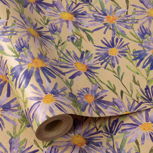 RUSPEPA Purple Daisy Floral Wrapping Paper, Watercolor Flower Kraft Paper - Mini Roll - 17 in x 32.8 ft Each Roll, Gift Wrapping Paper for Girls, Women, Wedding and Birthday,