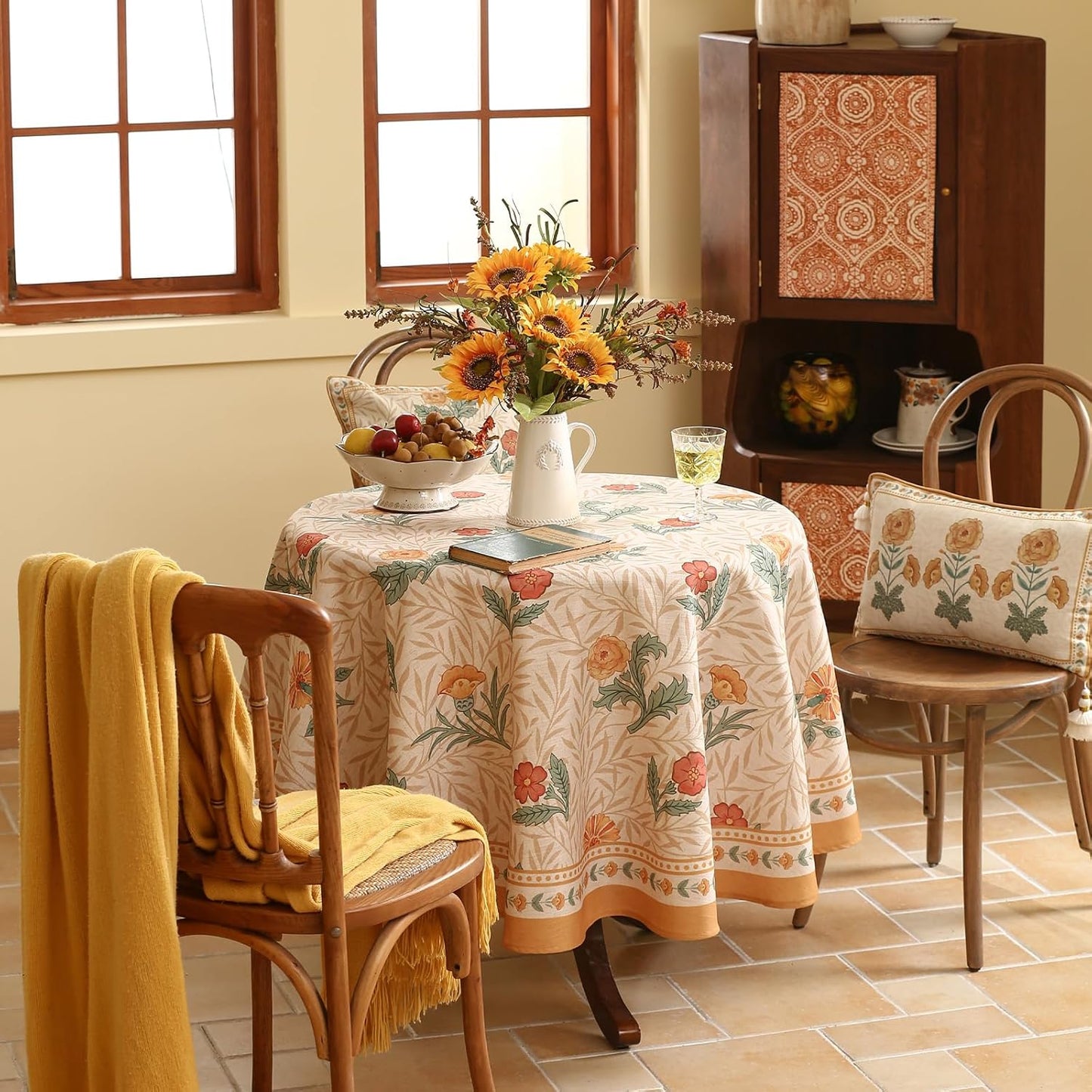 patdrea Designer French Linen Table Cloth for Round Table,Yellow Floral Pattern Durable Breathable Tablecloth,Fall Dacor for Kitchen Dining,Holiday Christmas,Thanksgiving,Diameter 67"-Cornflowers