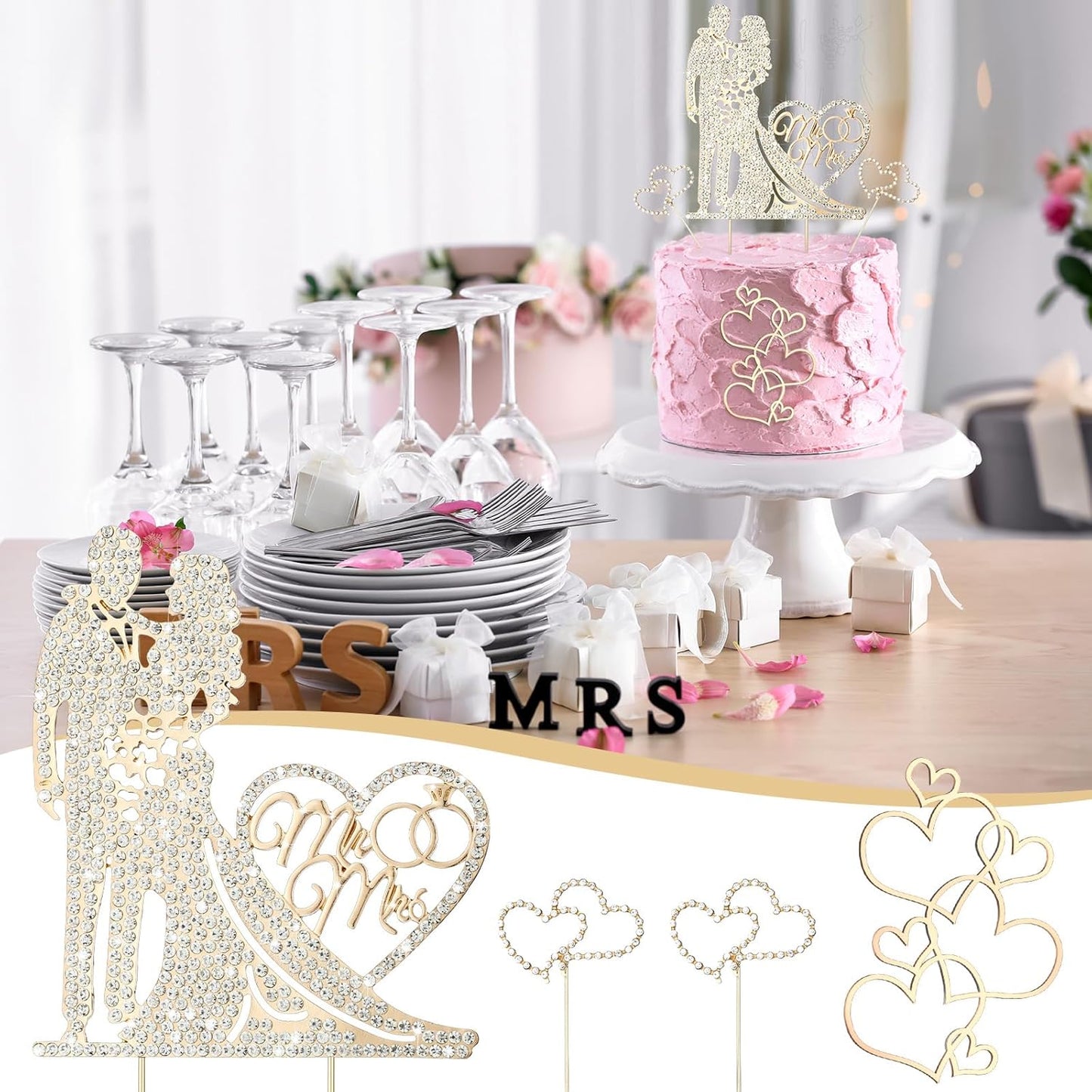Spiareal 4 Pcs Wedding Cake Topper Mr and Mrs Rhinestone Bride and Groom Love Cake Topper Metal Crystal Heart Shaped Happy Engagement Anniversary Funny Diamond Party Decor for Bridal Shower(Gold)
