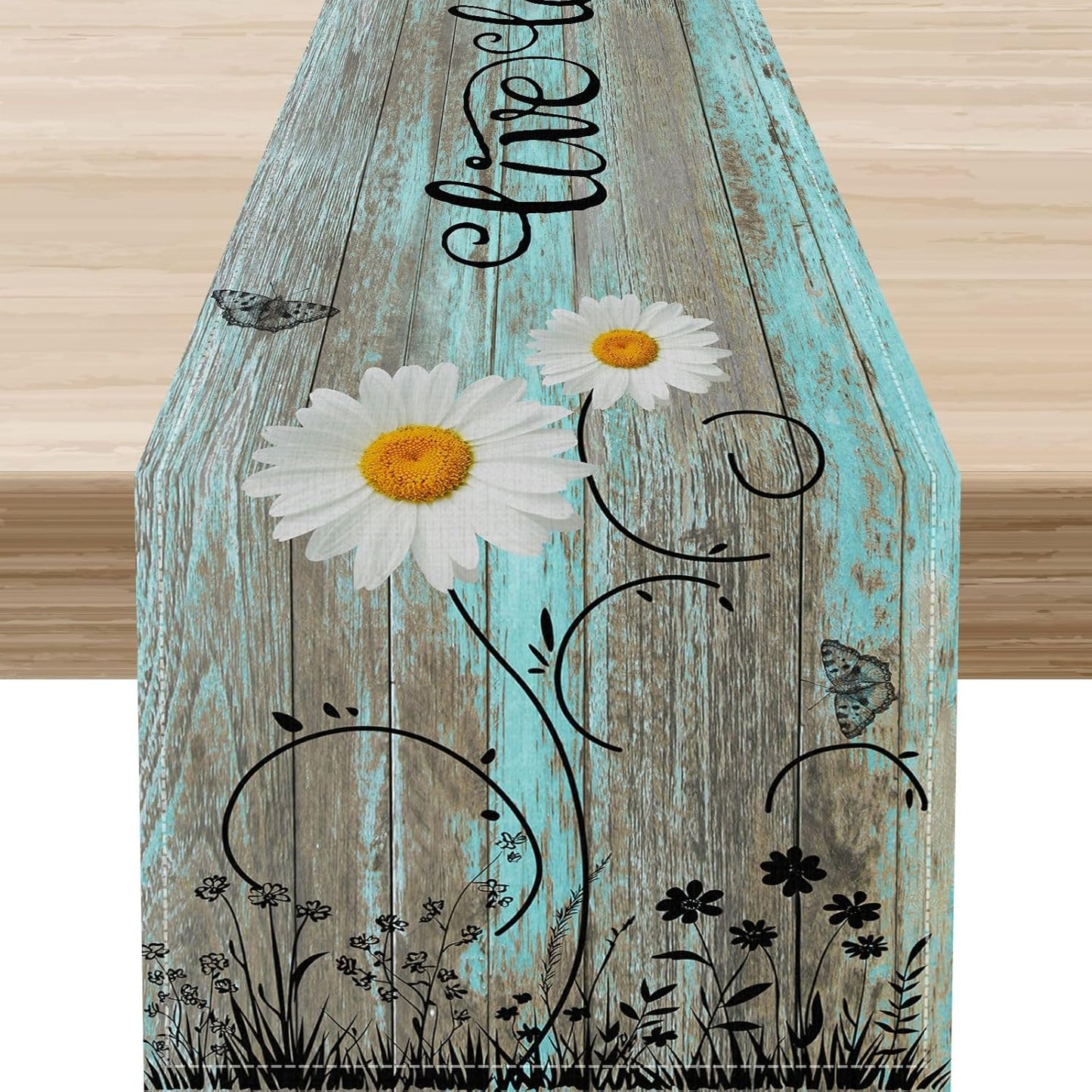 Daisy Table Runner, Spring Floral Seasonal Summer Yellow Flower Rustic Farmhouse Table Center Decor for Home Kitchen Dining Patio Holiday Party Indoor Outdoor Table Decorations, 13"x72" Inch