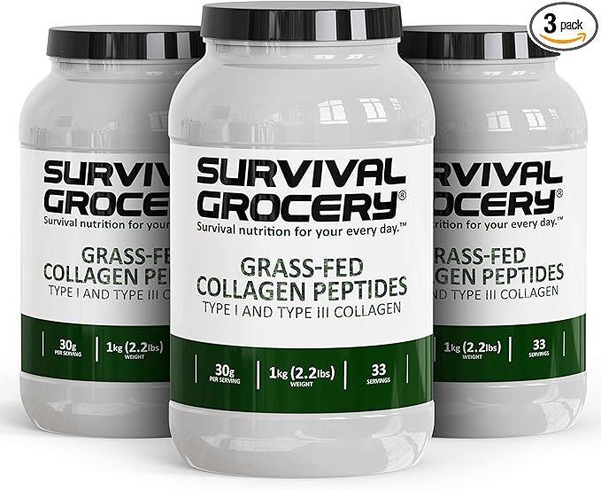Survival Grocery® Collagen Peptides Powder – Grass Fed Hydrolyzed Collagen Protein Supplement, Types I & III, Unflavored, Gluten Free, Keto Friendly, Non-GMO, Dairy Free, 3kg, 3 Jugs